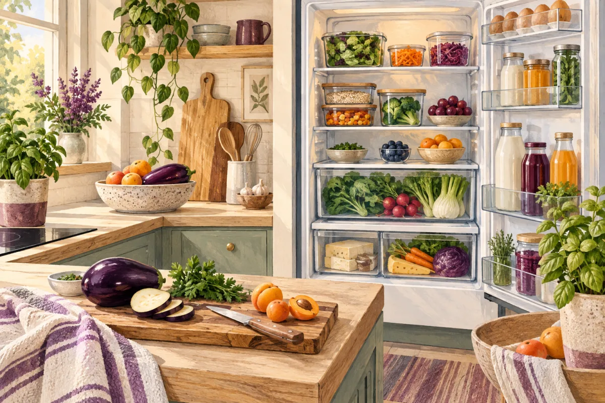 Illustrierte Küche mit geordnetem Kühlschrank und frischen Lebensmitteln