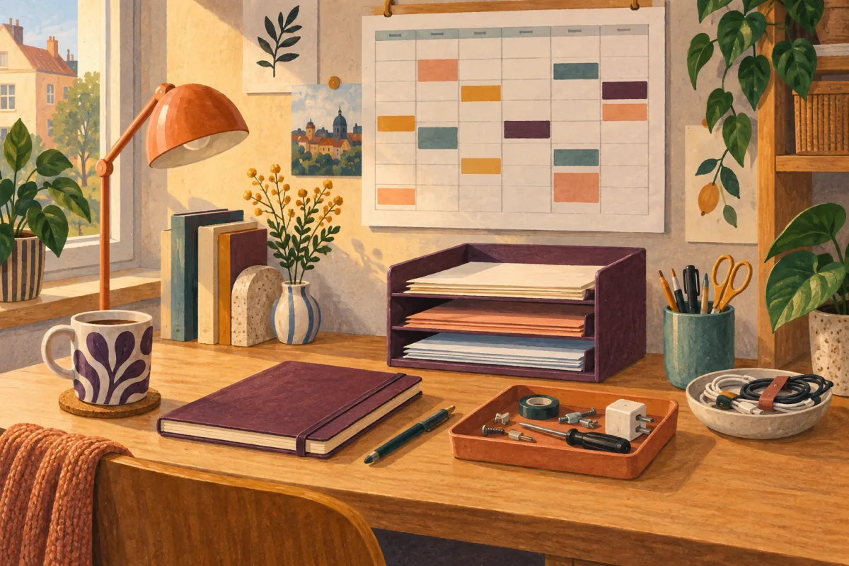 Illustrierter Schreibtisch mit Papierablage, Kalender und kleiner Reparaturschale