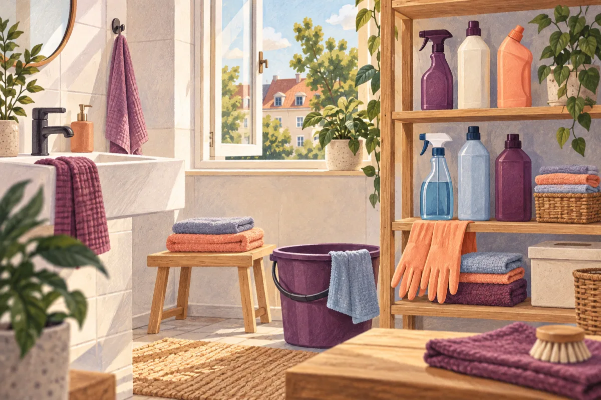 Illustriertes Badezimmer mit getrennt aufbewahrten Reinigungsmitteln und offenem Fenster